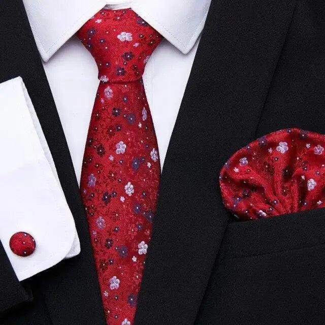 Luxury Men's Silk Necktie and Cufflinks Set with Handkerchief - Elegant Floral Design for Weddings and Casual Wear - Korvel