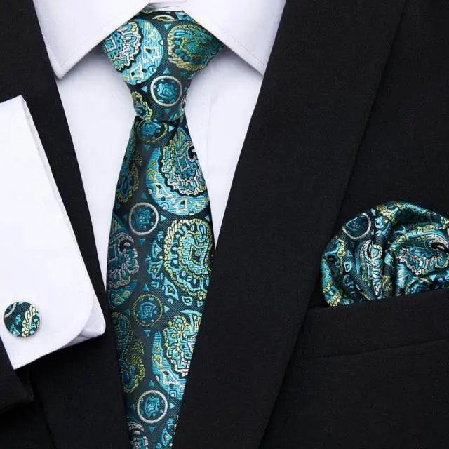Luxury Men's Silk Necktie and Cufflinks Set with Handkerchief - Elegant Floral Design for Weddings and Casual Wear - Korvel