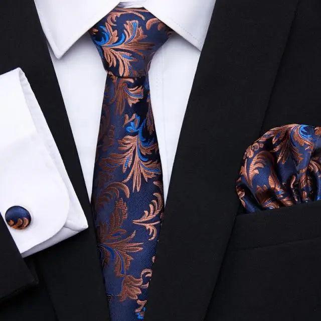 Luxury Men's Silk Necktie and Cufflinks Set with Handkerchief - Elegant Floral Design for Weddings and Casual Wear - Korvel
