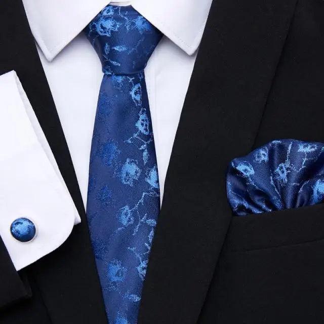 Luxury Men's Silk Necktie and Cufflinks Set with Handkerchief - Elegant Floral Design for Weddings and Casual Wear - Korvel