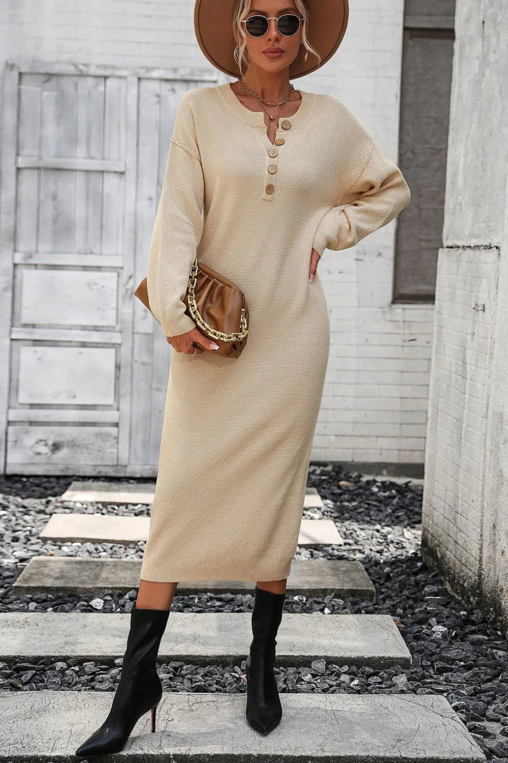 Button knit sweater dress fashionable temperament commuting women's sweater women - Korvel