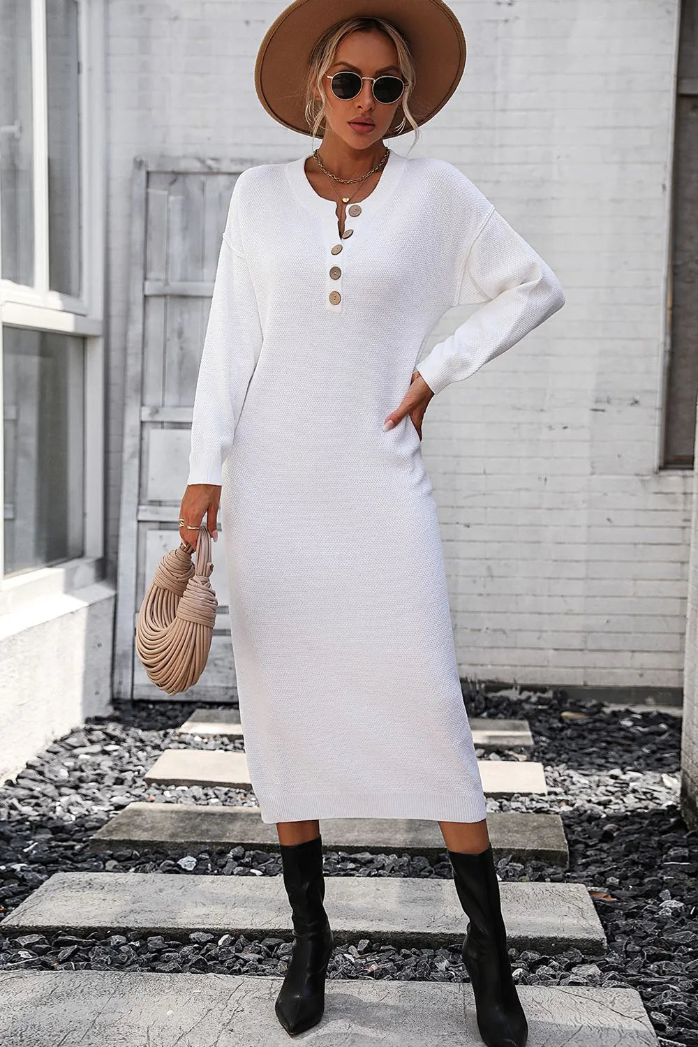 Button knit sweater dress fashionable temperament commuting women's sweater women - Korvel