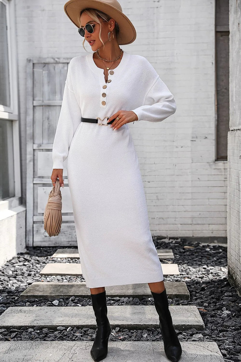 Button knit sweater dress fashionable temperament commuting women's sweater women - Korvel