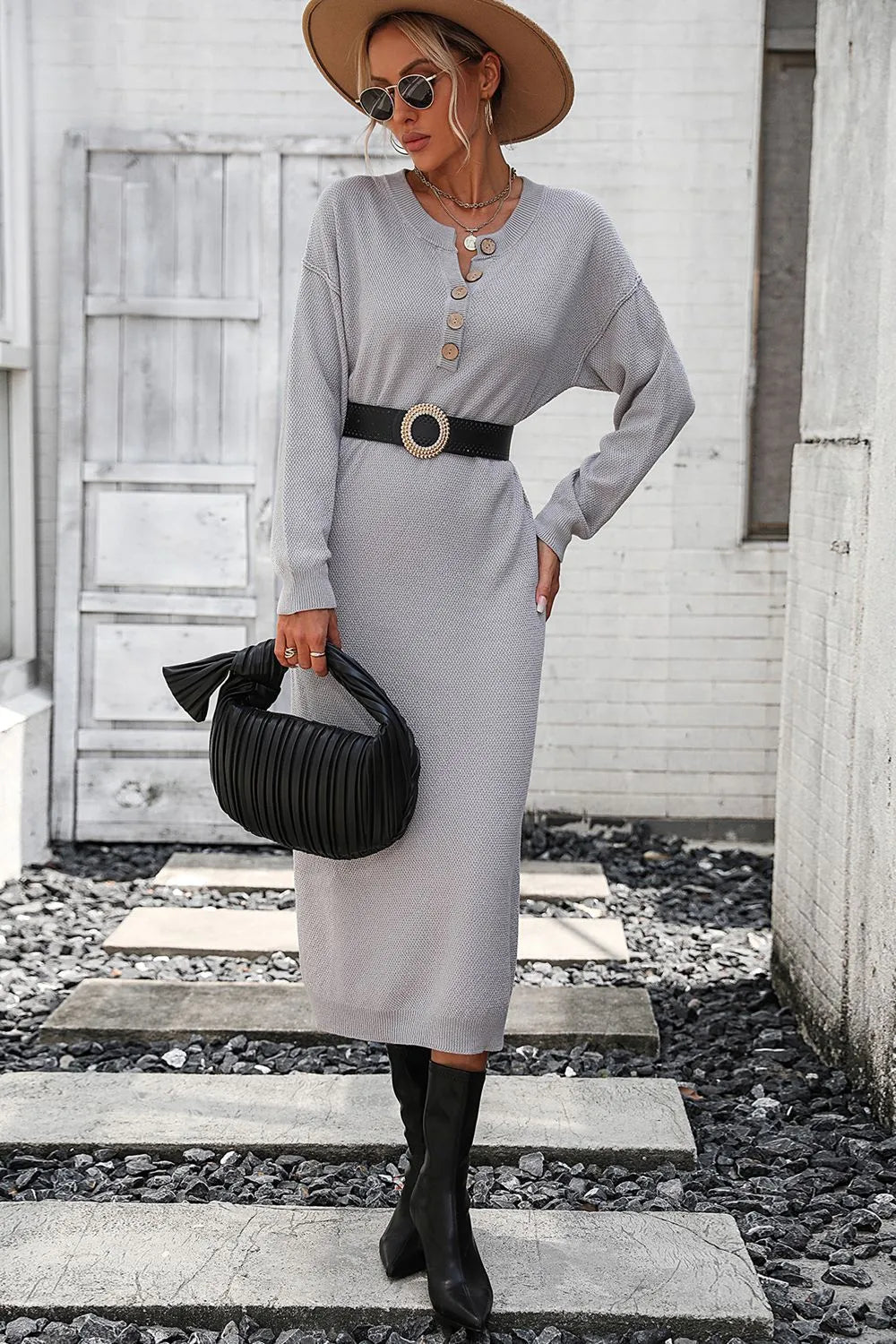 Button knit sweater dress fashionable temperament commuting women's sweater women - Korvel