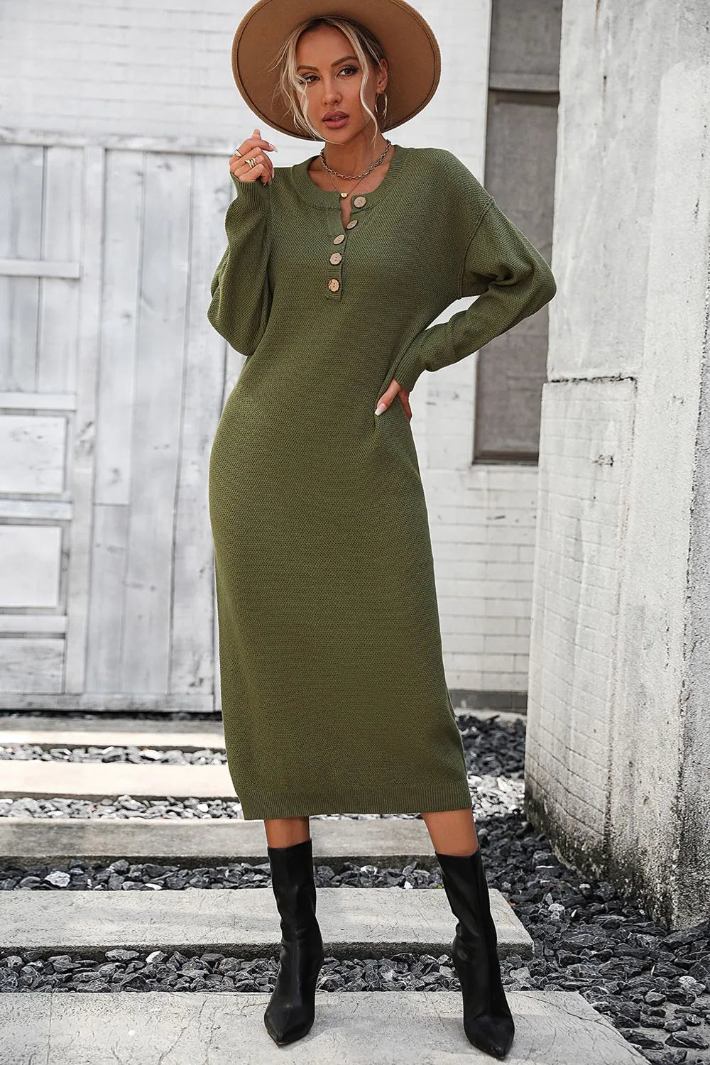 Button knit sweater dress fashionable temperament commuting women's sweater women - Korvel