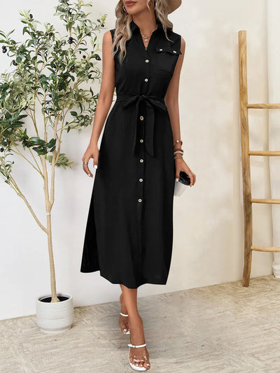 Elegant Button Up Sleeveless Midi Dress