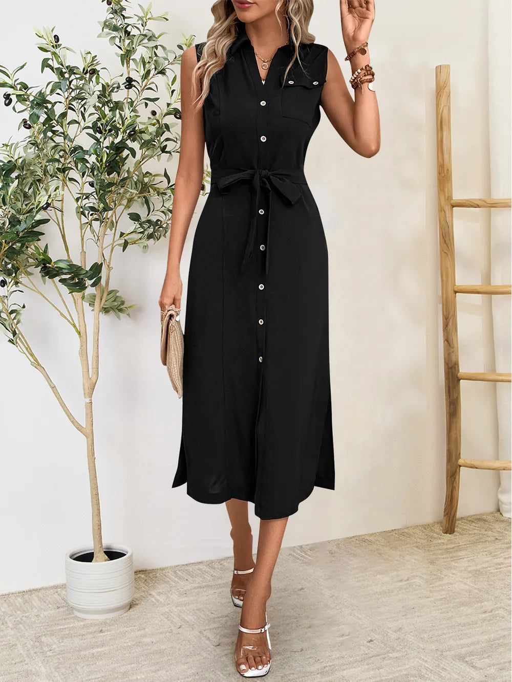 Robe midi sans manches à boutons élégante