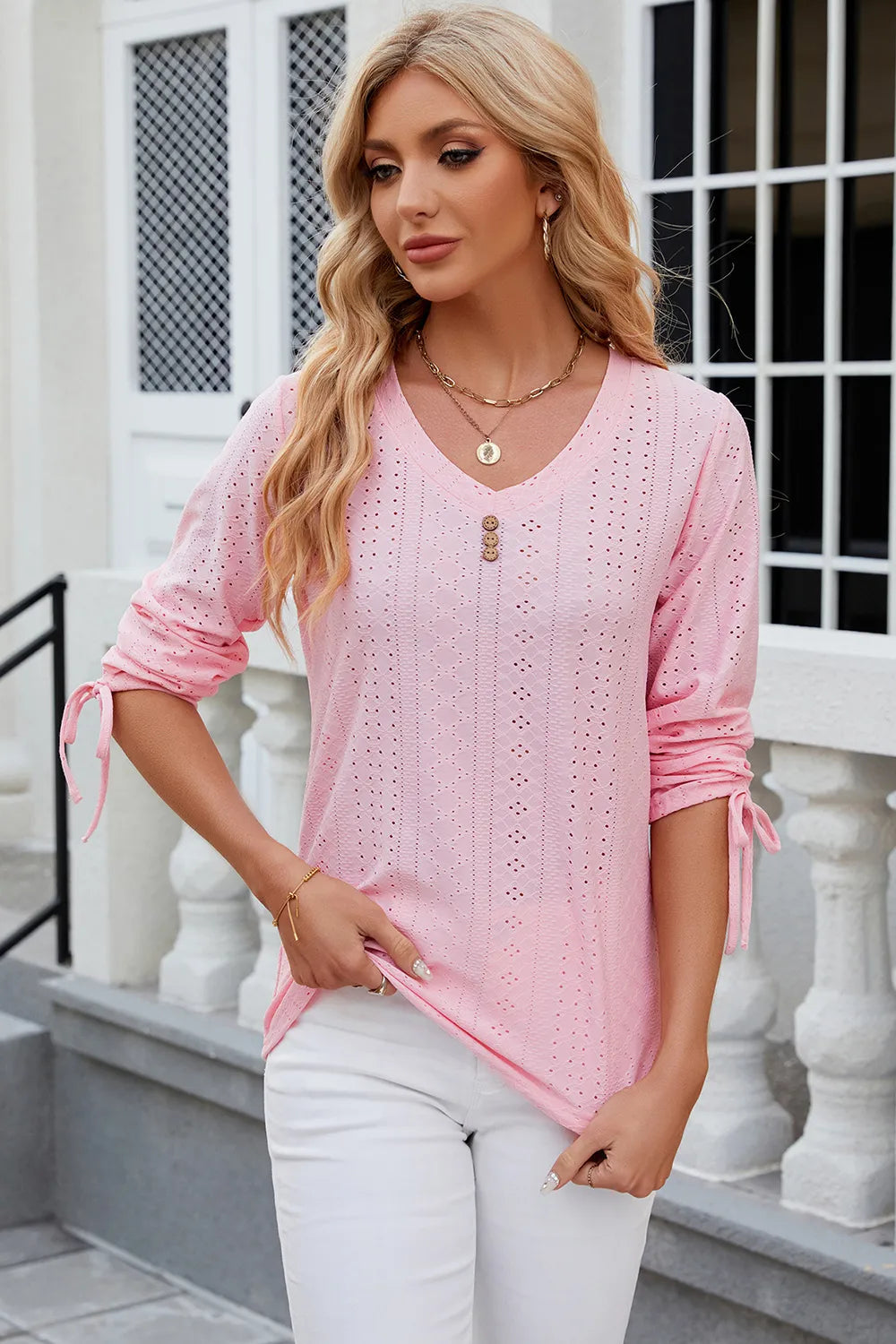 Elegant Button V-Neck Mid Sleeve Blouse for Women