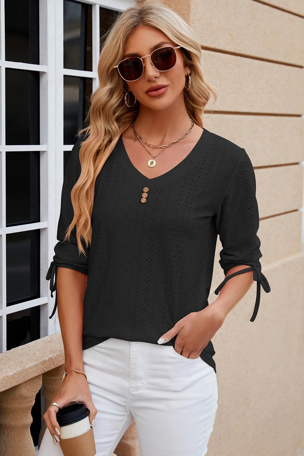 Elegant Button V-Neck Mid Sleeve Blouse for Women