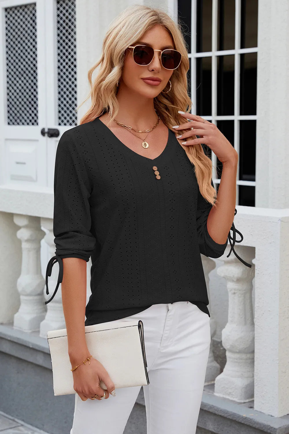 Elegant Button V-Neck Mid Sleeve Blouse for Women
