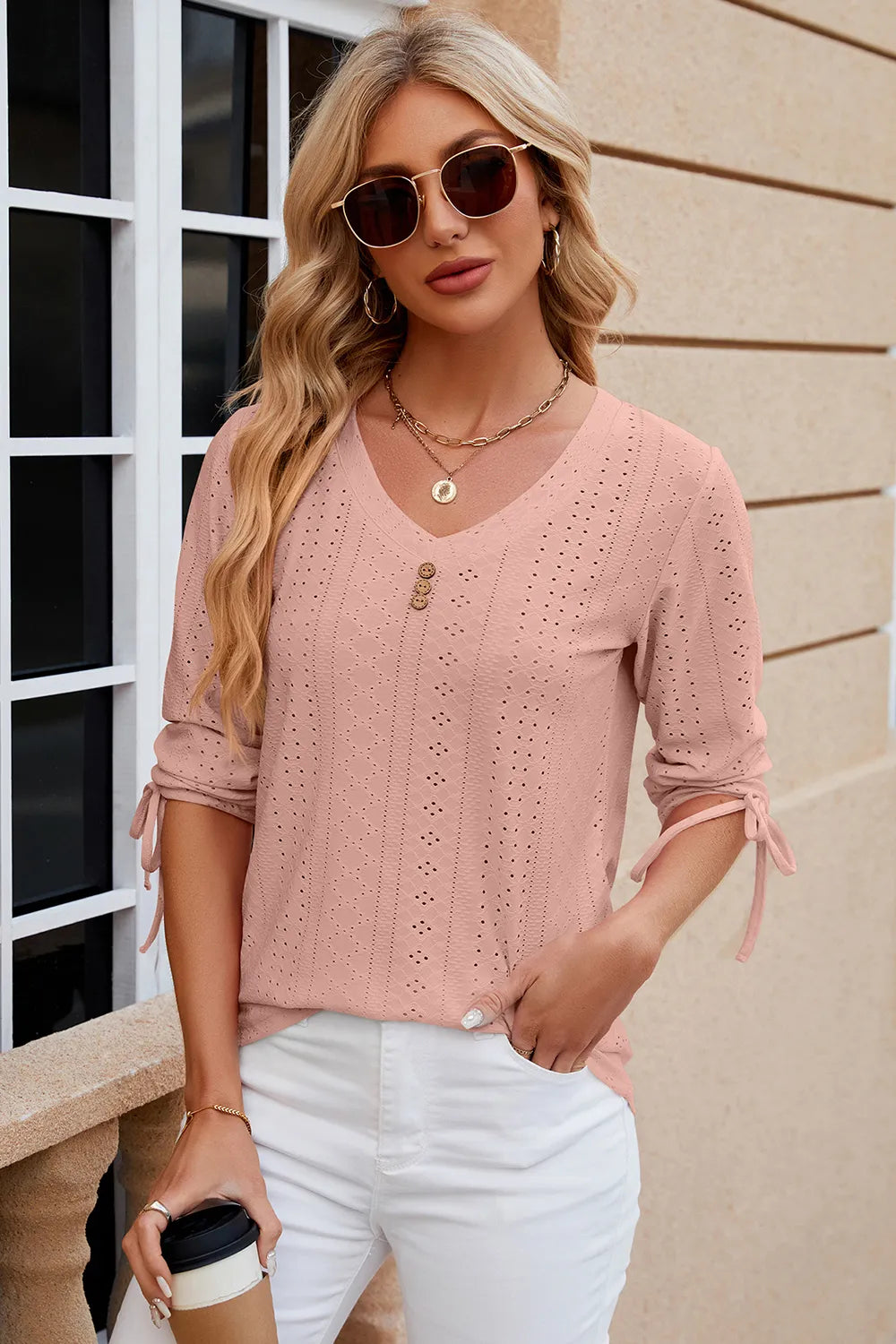 Elegant Button V-Neck Mid Sleeve Blouse for Women