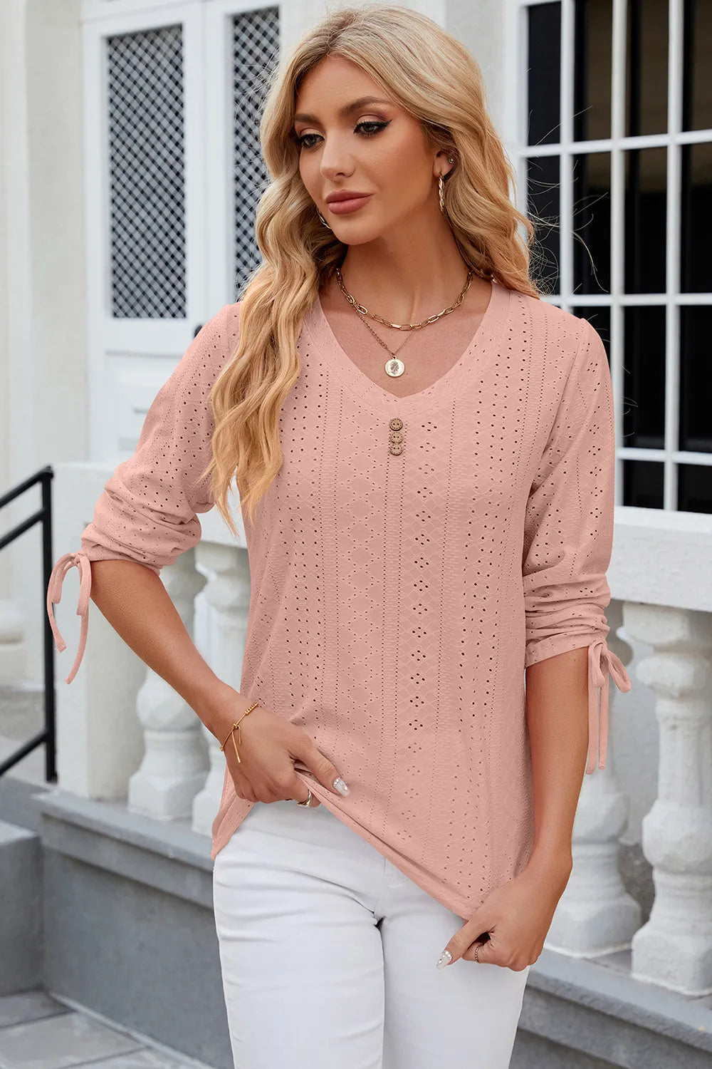 Elegant Button V-Neck Mid Sleeve Blouse for Women