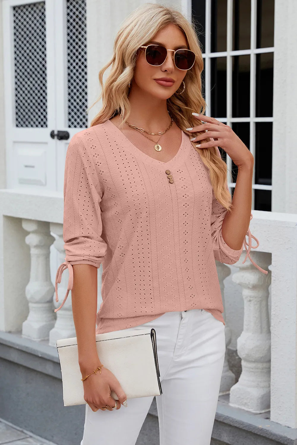 Elegant Button V-Neck Mid Sleeve Blouse for Women