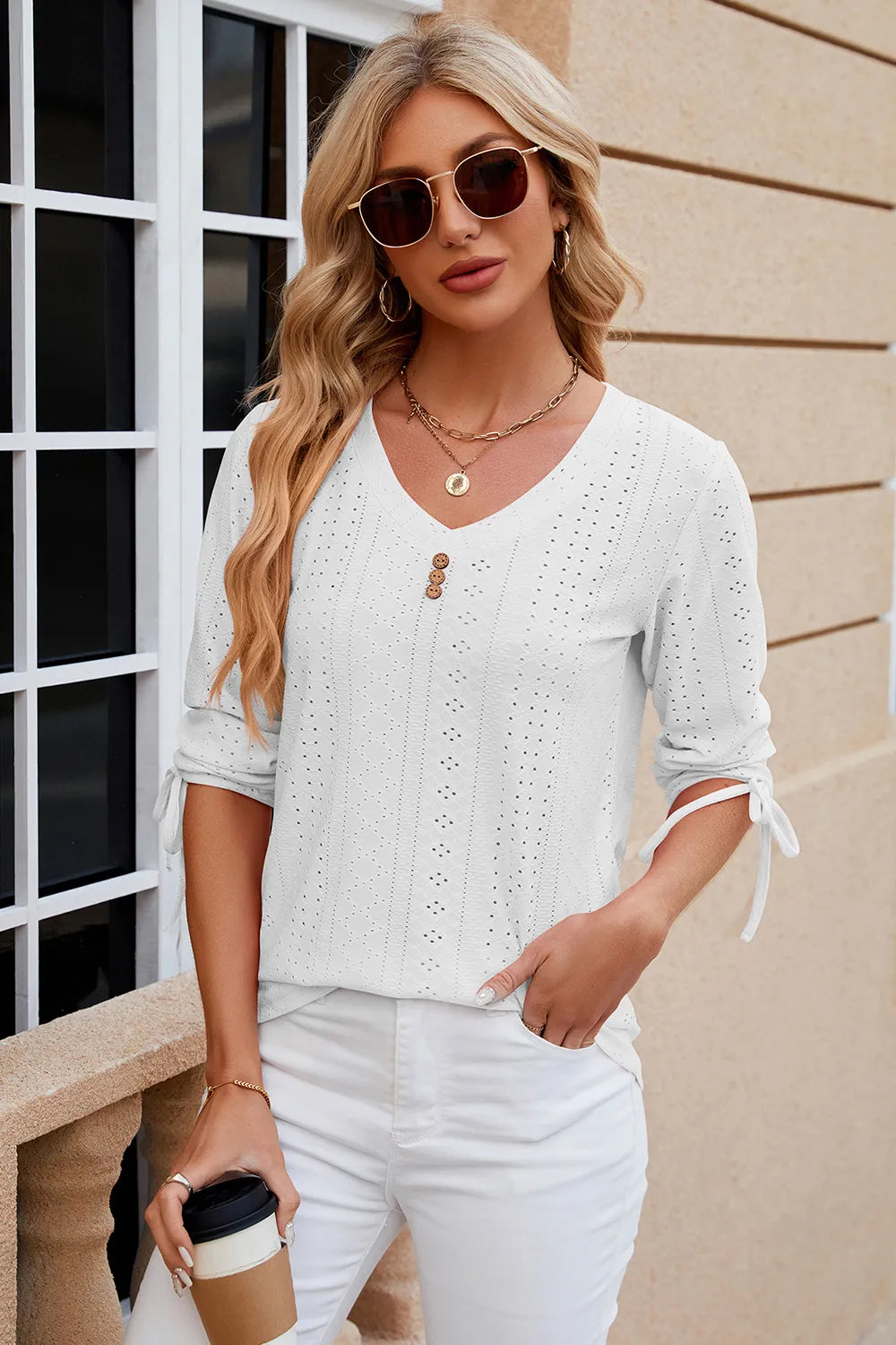 Elegant Button V-Neck Mid Sleeve Blouse for Women