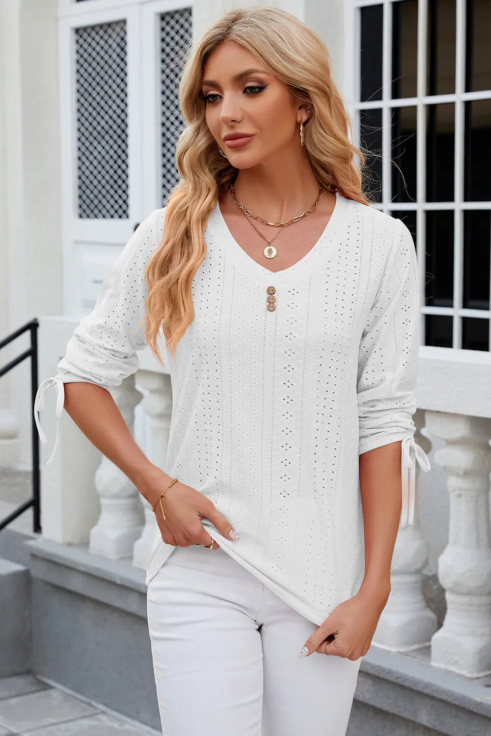 Elegant Button V-Neck Mid Sleeve Blouse for Women