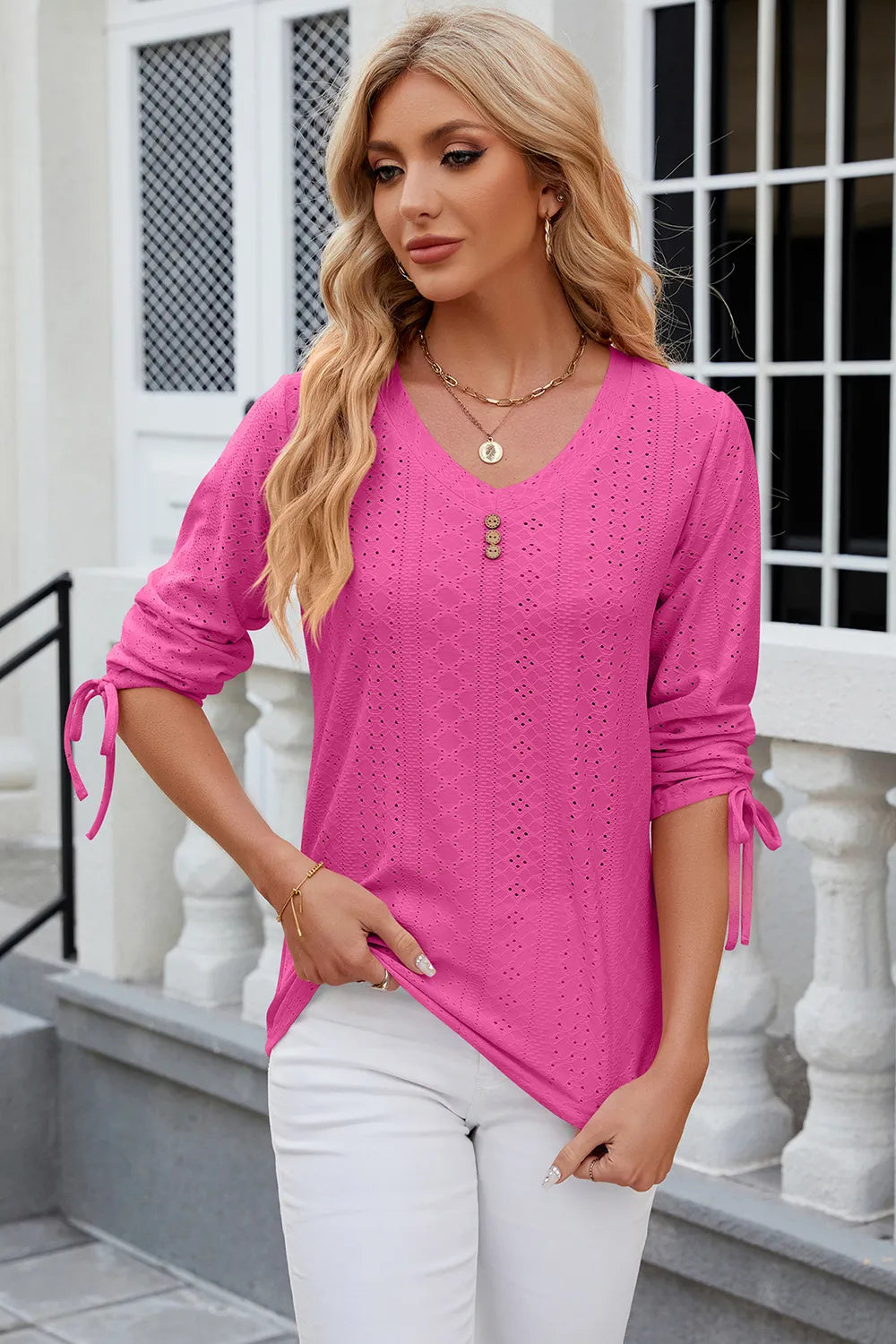 Elegant Button V-Neck Mid Sleeve Blouse for Women