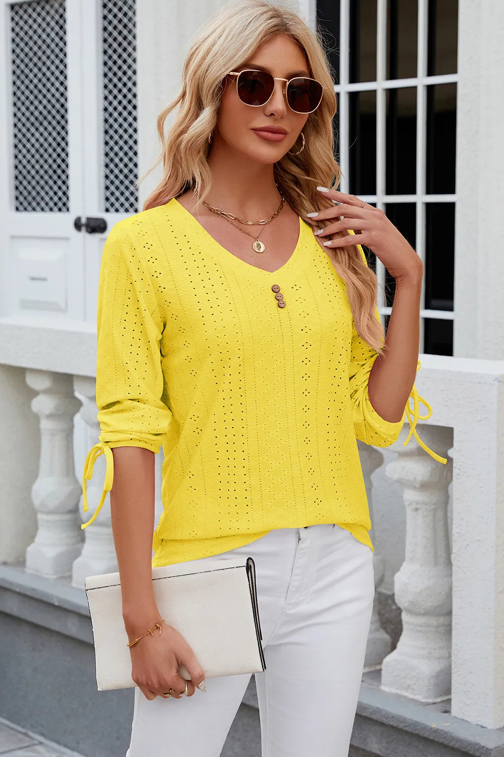 Elegant Button V-Neck Mid Sleeve Blouse for Women