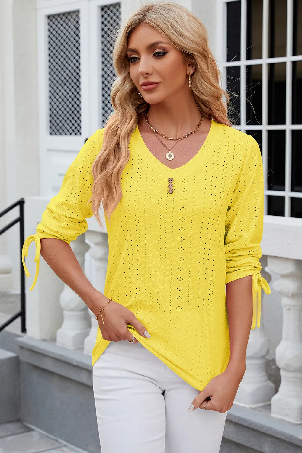 Elegant Button V-Neck Mid Sleeve Blouse for Women