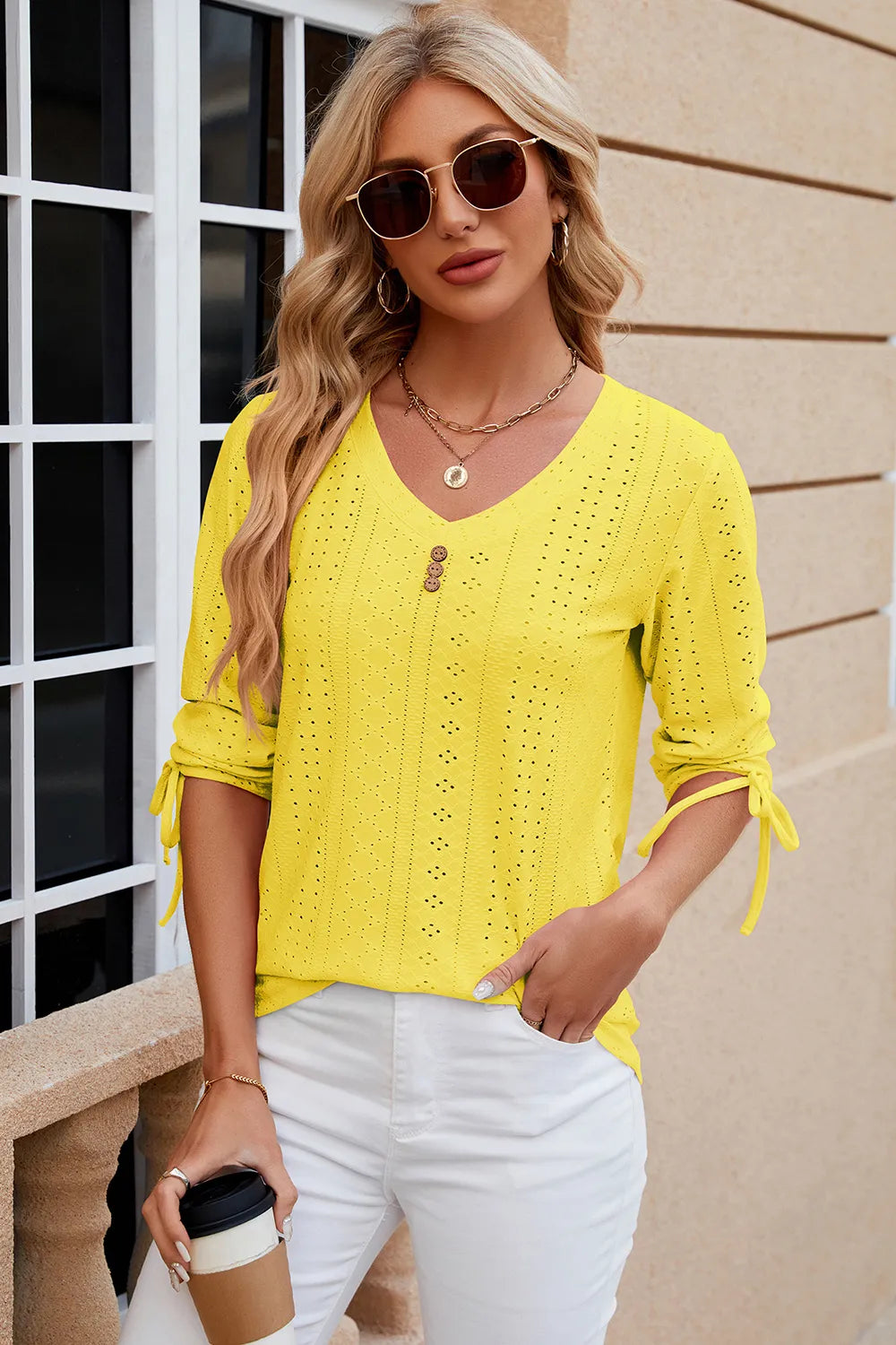 Elegant Button V-Neck Mid Sleeve Blouse for Women