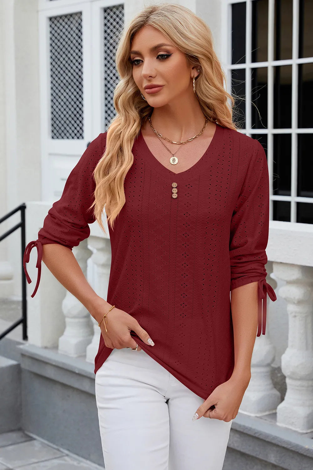 Elegant Button V-Neck Mid Sleeve Blouse for Women
