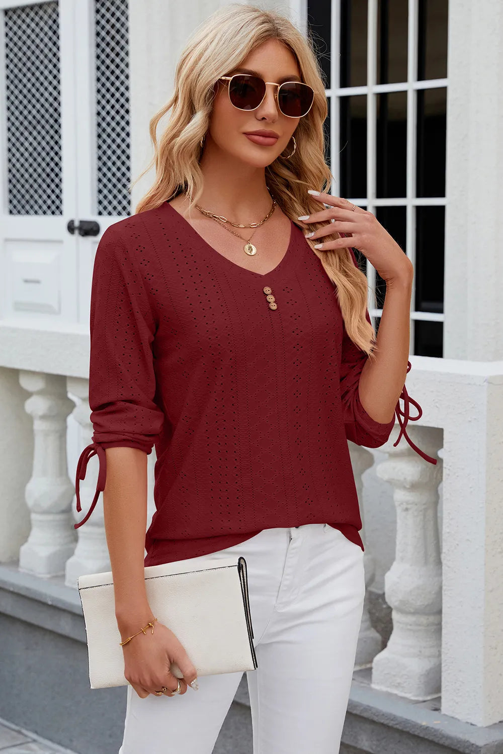 Elegant Button V-Neck Mid Sleeve Blouse for Women