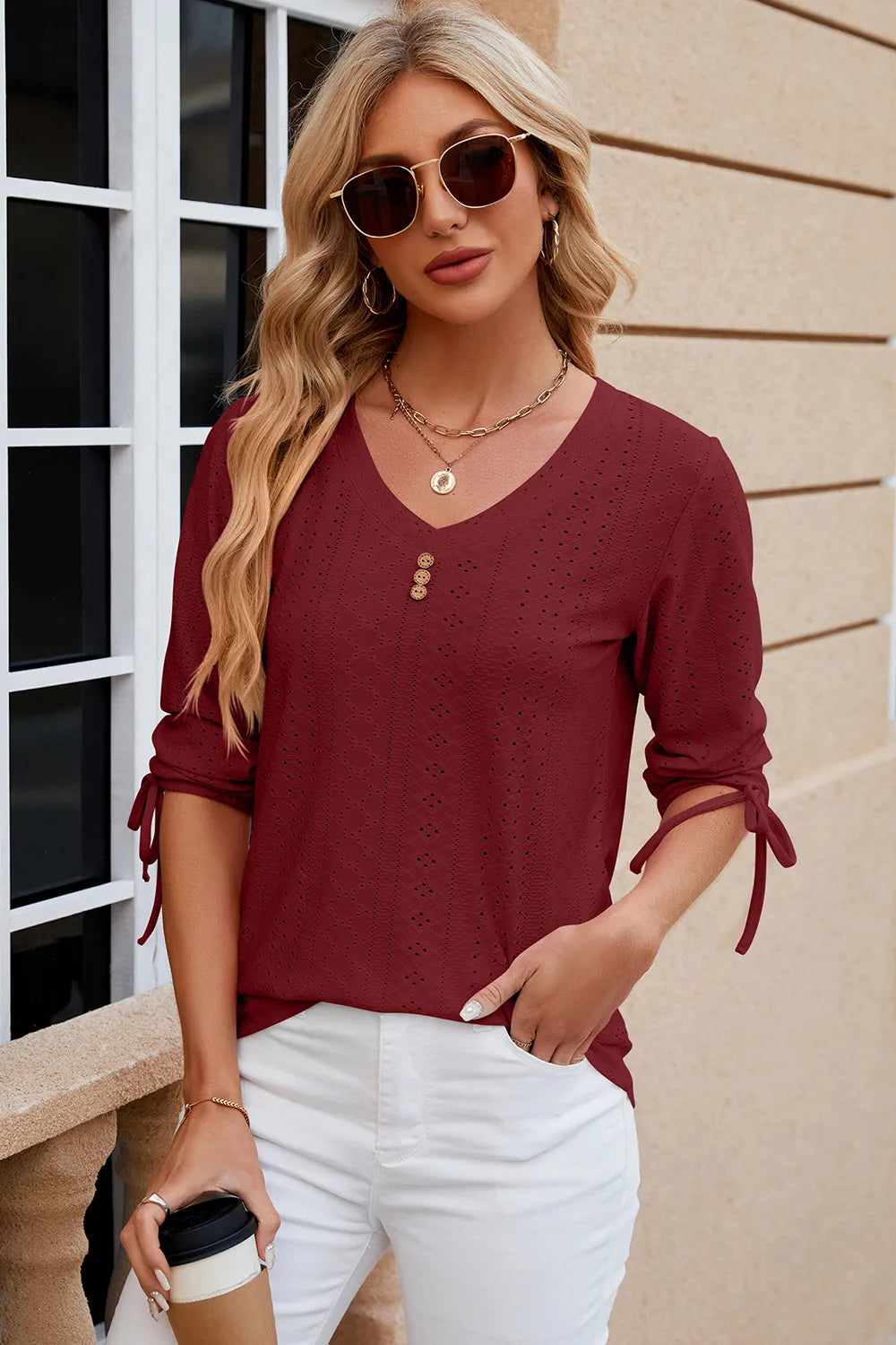 Elegant Button V-Neck Mid Sleeve Blouse for Women