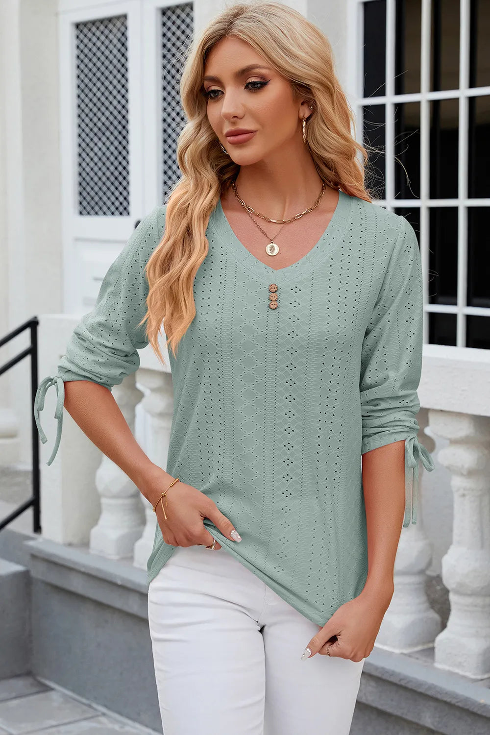 Elegant Button V-Neck Mid Sleeve Blouse for Women