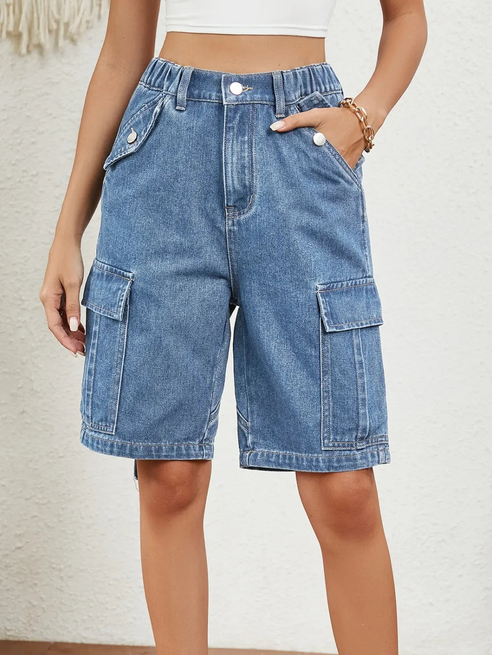 Buttoned Elastic Waist Denim Shorts with Pockets - Korvel