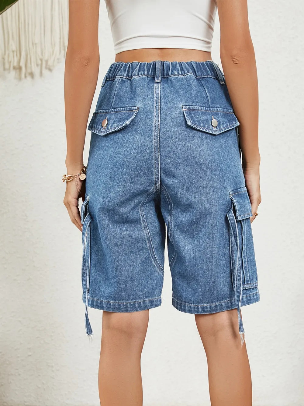 Buttoned Elastic Waist Denim Shorts with Pockets - Korvel