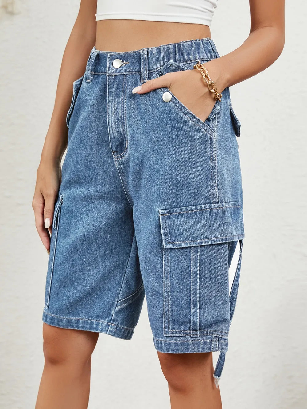 Buttoned Elastic Waist Denim Shorts with Pockets - Korvel