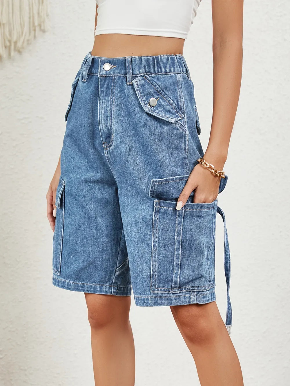 Buttoned Elastic Waist Denim Shorts with Pockets - Korvel