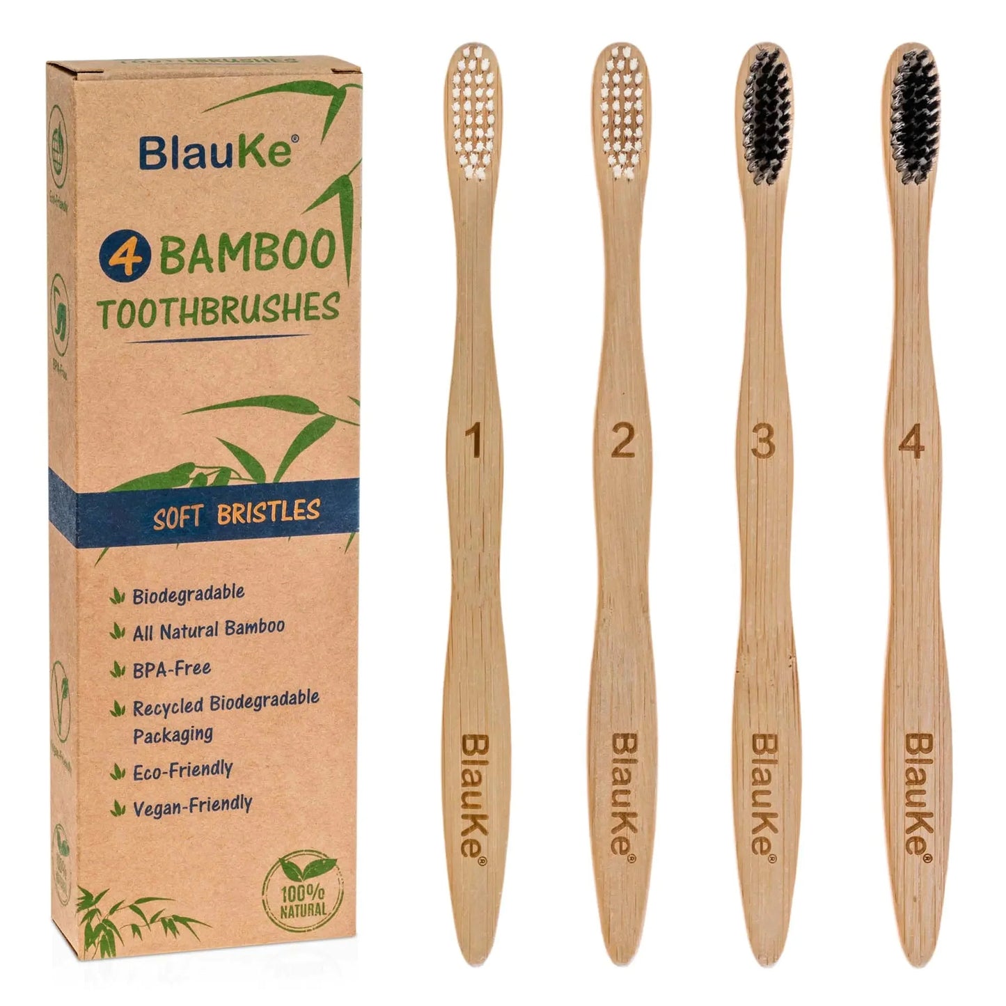 Juego de cepillos de dientes de bambú ecológicos - 4 unidades con cerdas suaves