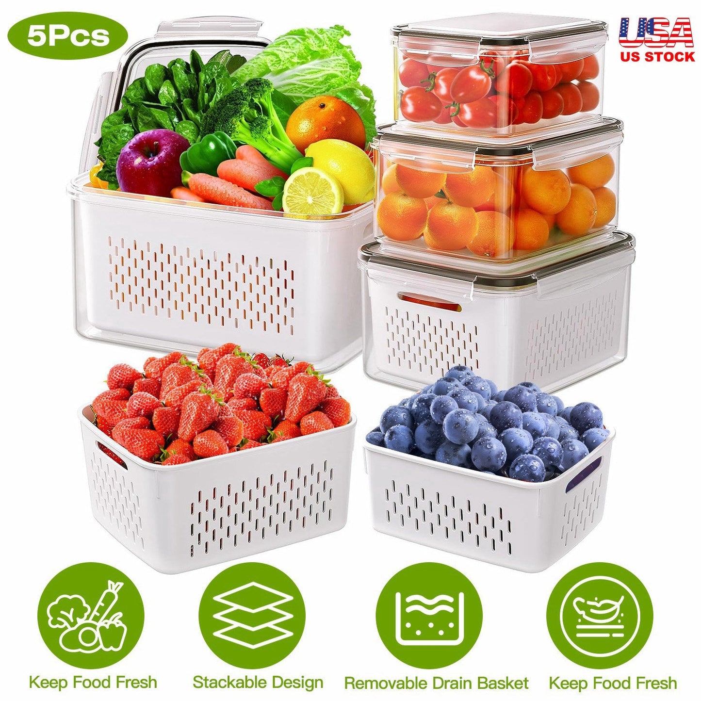 5-Piece Stackable Food Storage Containers with Drain Basket