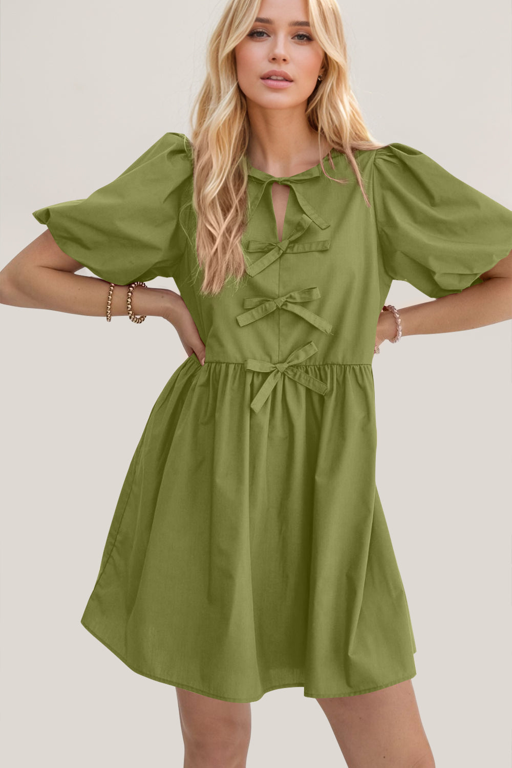 Elegant Ruched Puff Sleeve Mini Dress with Bow Detail