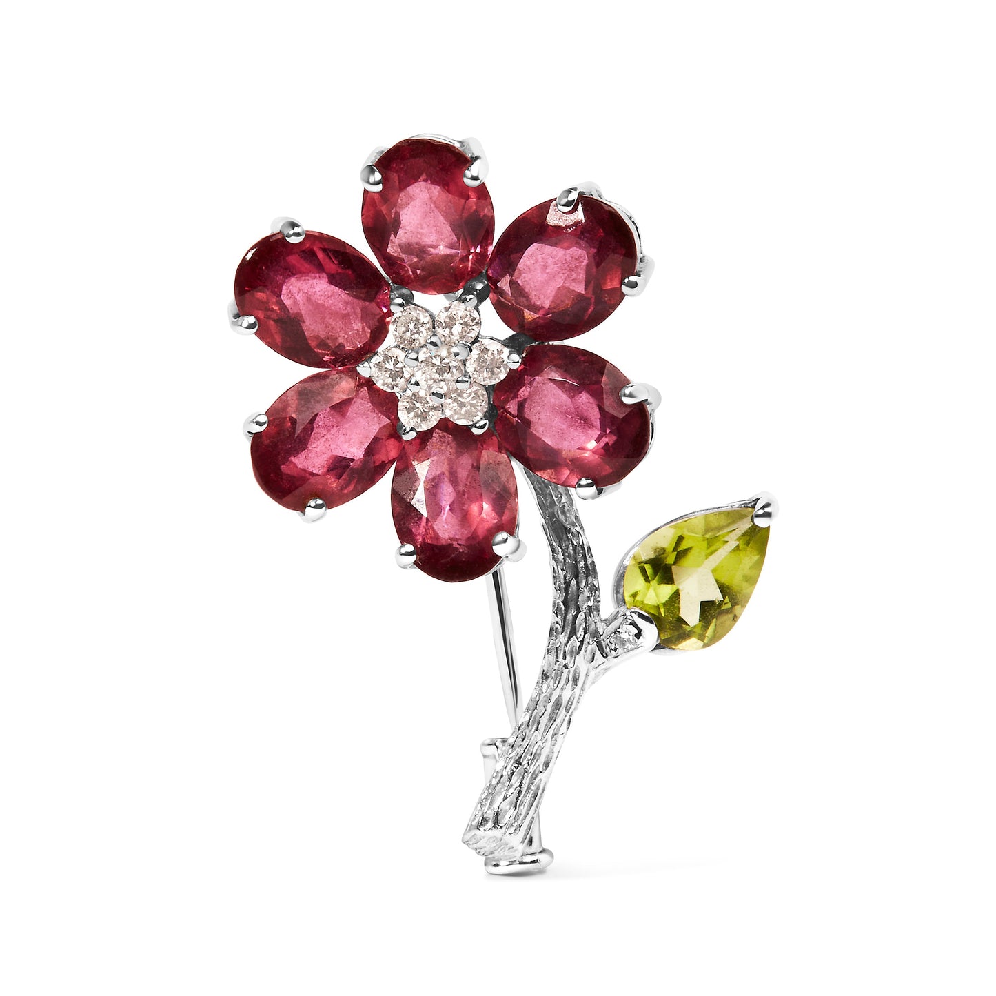 Broche épingle en or blanc 18K avec diamants et tourmaline en forme de fleur