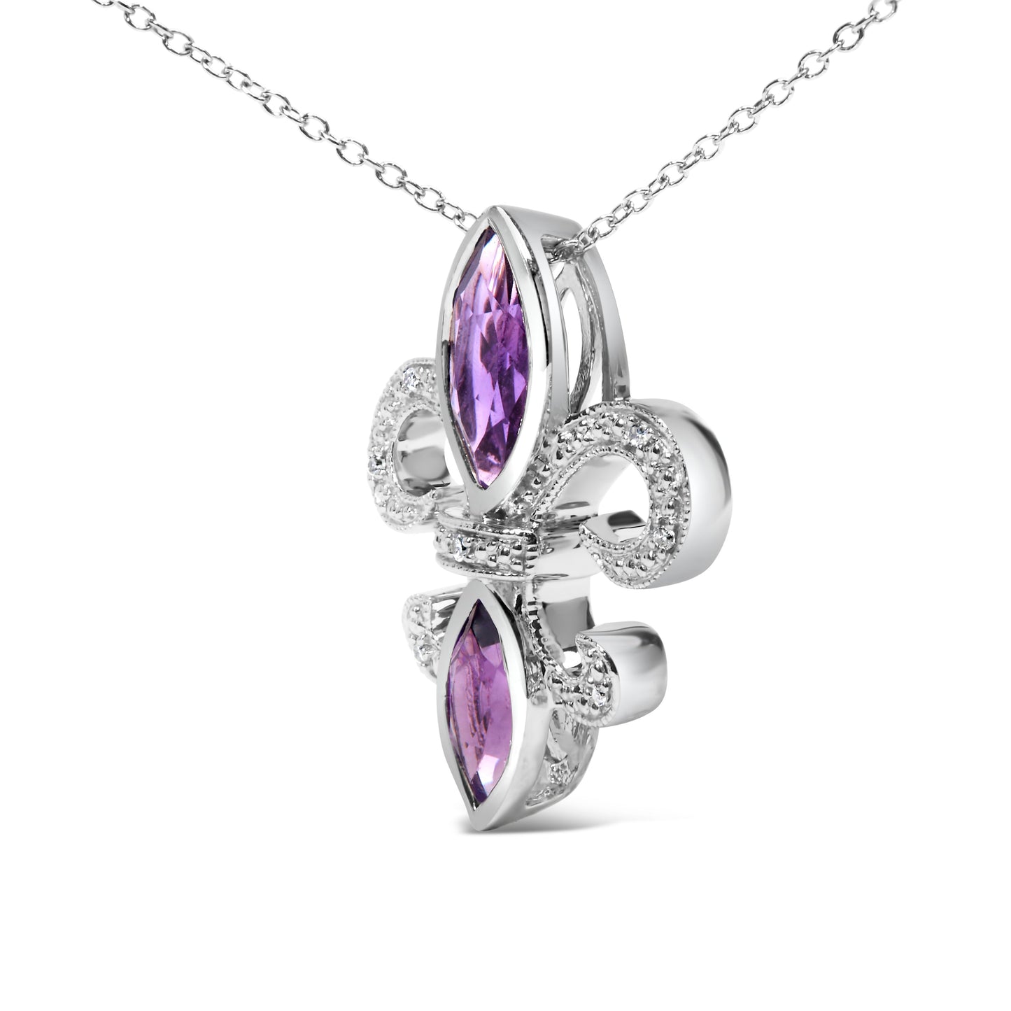 Collar con colgante de flor de lis de plata esterlina .925, amatista púrpura y diamantes