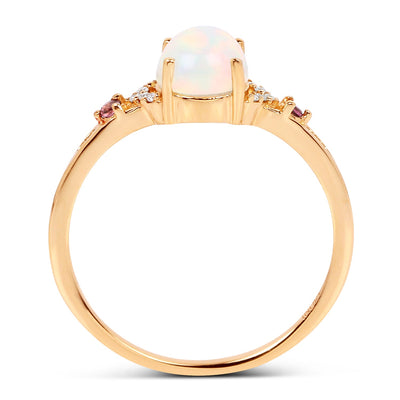 0.57 Carat Genuine Opal, Pink Tourmaline & Diamond 14K Gold Ring