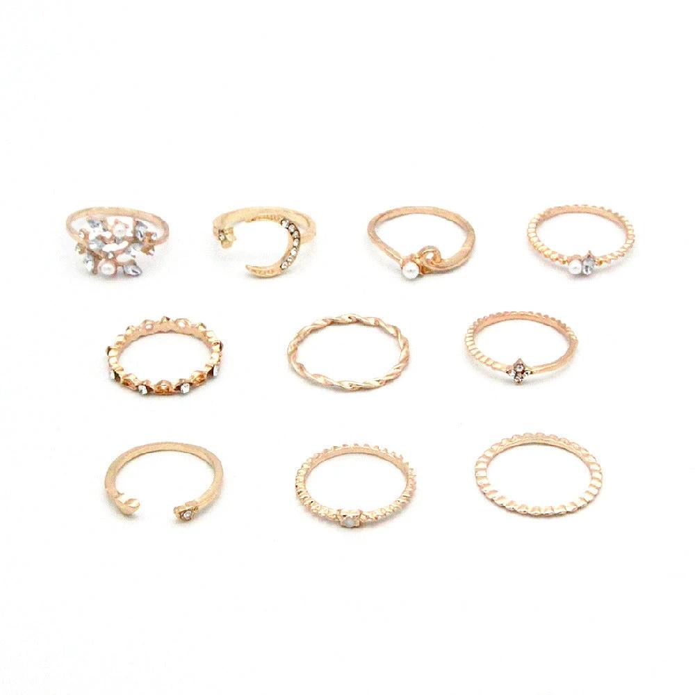 Conjunto de Anillos Mandotos Bohemio Estrella Luna Perla Hoja de 10 Piezas