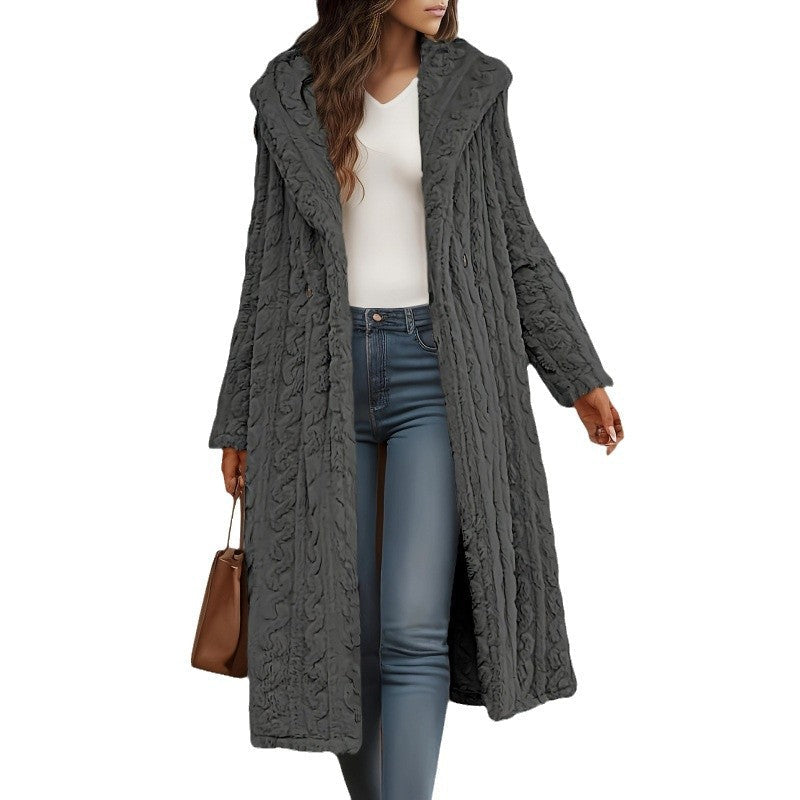Elegant Long Sleeve Hooded Wool Women's Overcoat