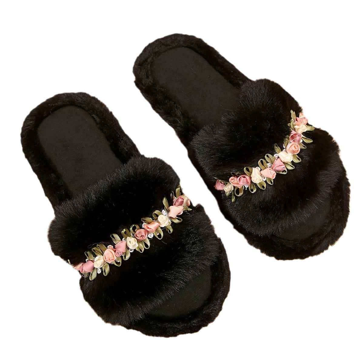 Flower Fluffy Slippers - Soft Cotton Home Footwear