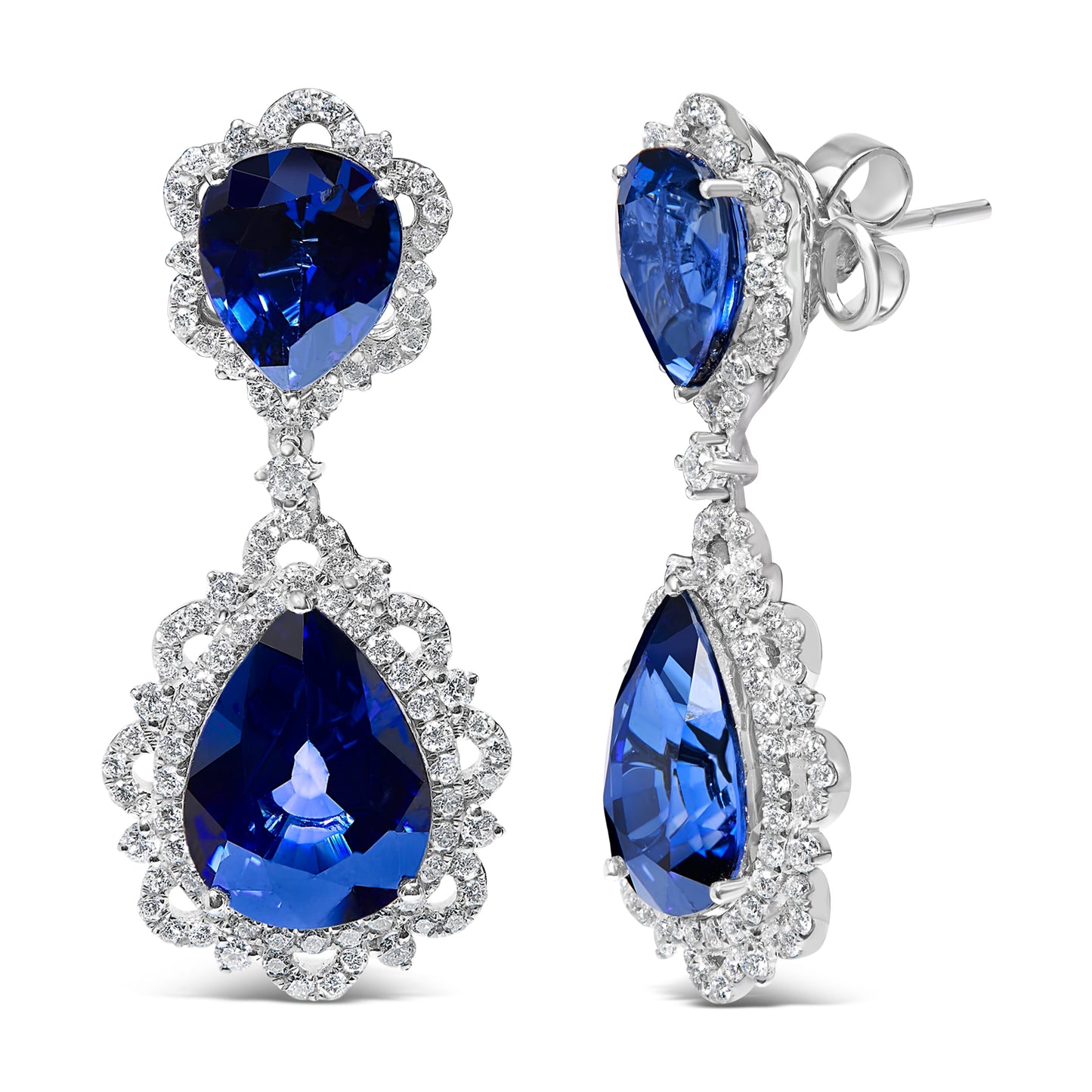 Boucles d'oreilles pendantes en or blanc 18K avec saphirs bleus et halo de diamants