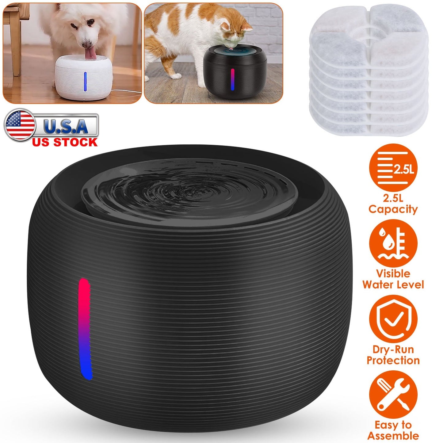 Fontaine à eau intelligente pour animaux de compagnie Gbruno 2,5 L avec lumière LED