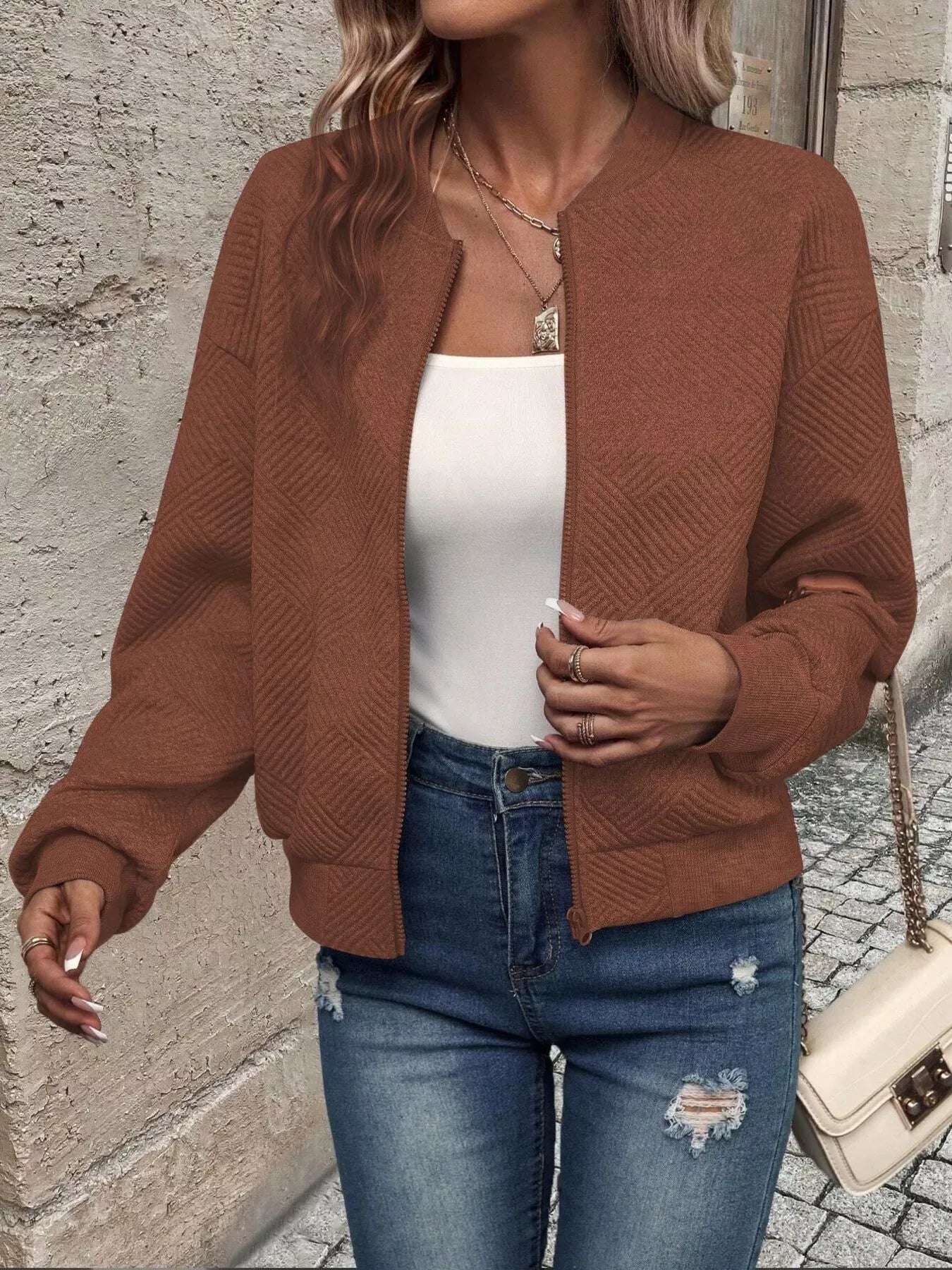 Veste Bomber à Fermeture Éclair Texturée