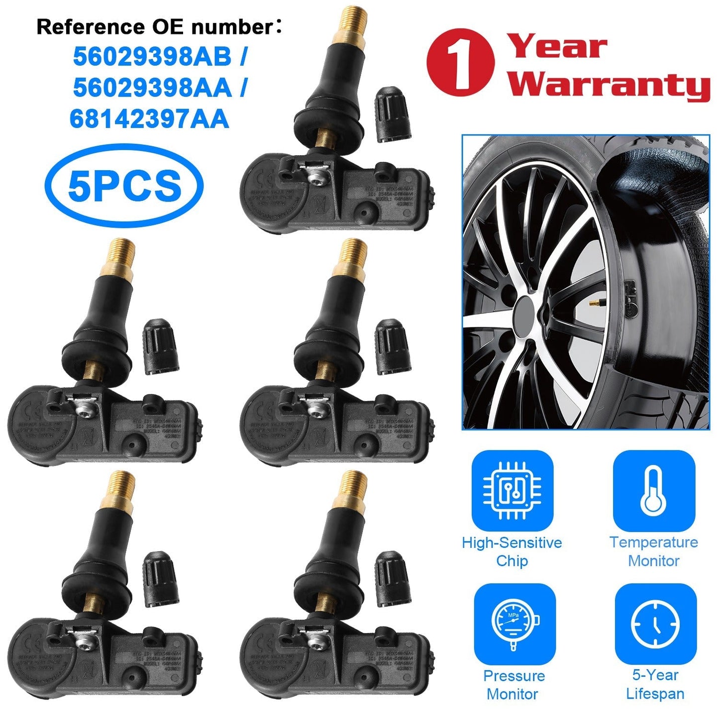 5PCS TPMS Tire Pressure Sensors for Jeep Chrysler Dodge Ram