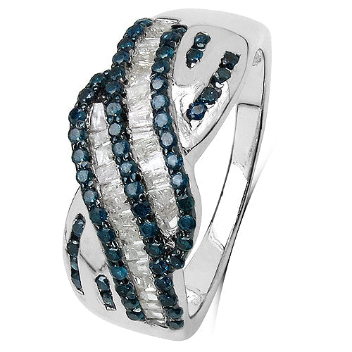 0.88 Carat Genuine Blue & White Diamond Sterling Silver Ring
