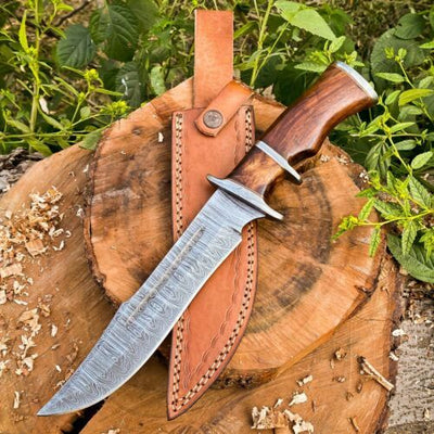 Premium 14-Inch Handcrafted Damascus Steel Bowie Knife | Rosewood Handle & Leather Sheath | KBS Knives - Korvel