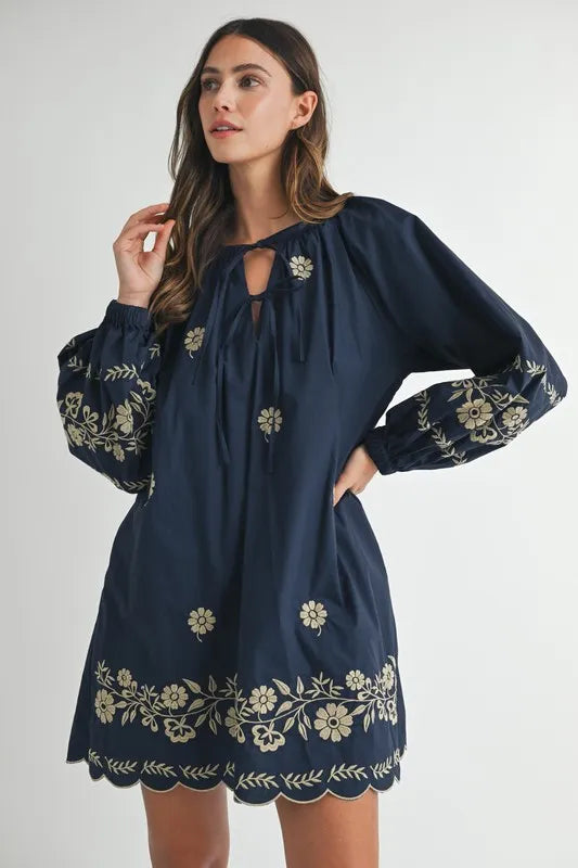 Embroidered Long Sleeve Peasant Mini Dress for Women