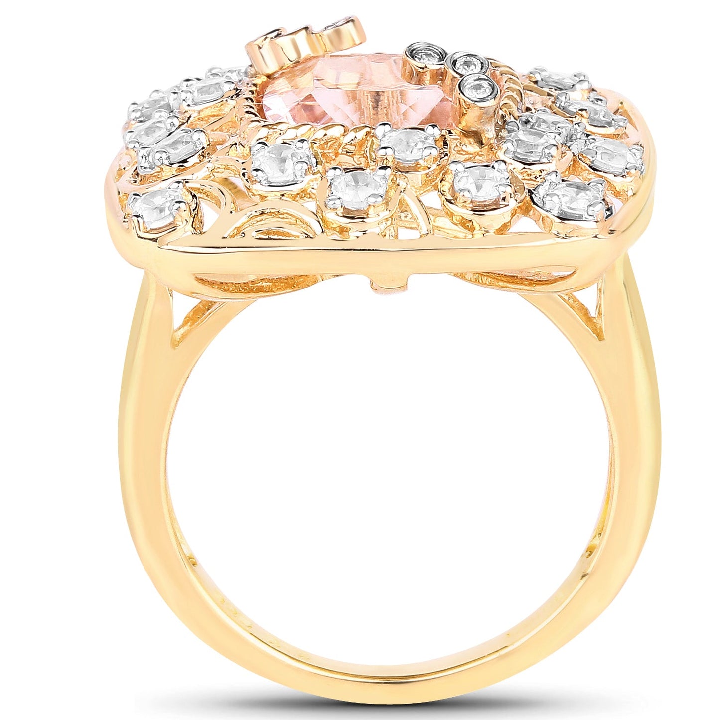 Anillo de cóctel de Morganita y Topacio Blanco Baño de Oro Amarillo de 14K