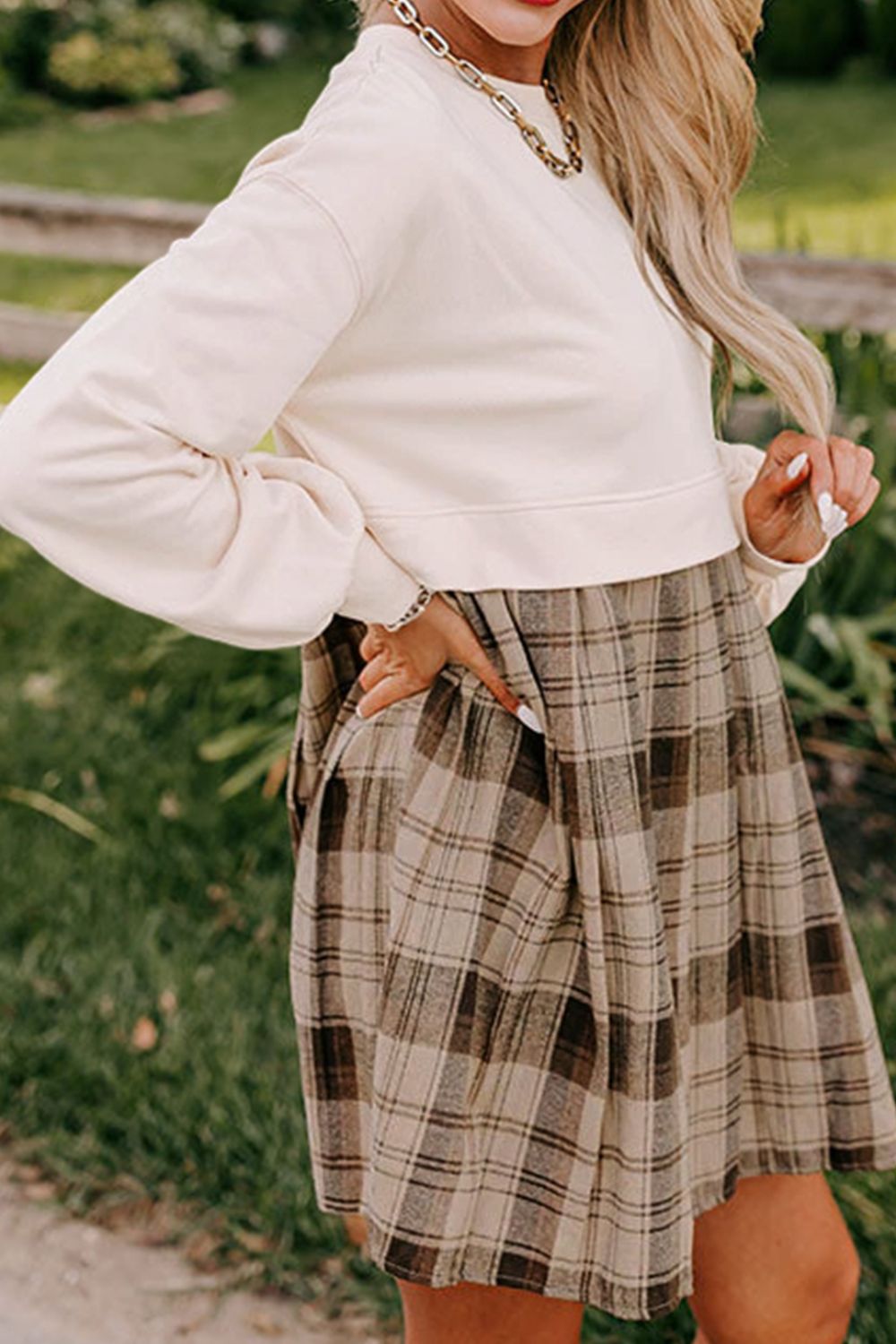 Vintage Plaid Round Neck Long Sleeve Mini Dress Cozy & Stylish Dress Retro Design Dress For Party - Korvel