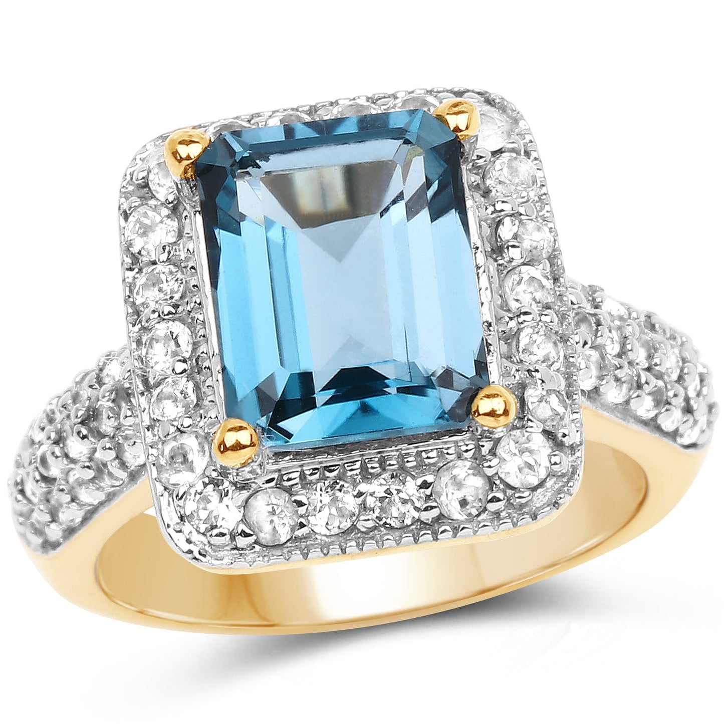 Anillo de Topacio Azul Londres y Topacio Blanco Bañado en Oro Amarillo de 14K